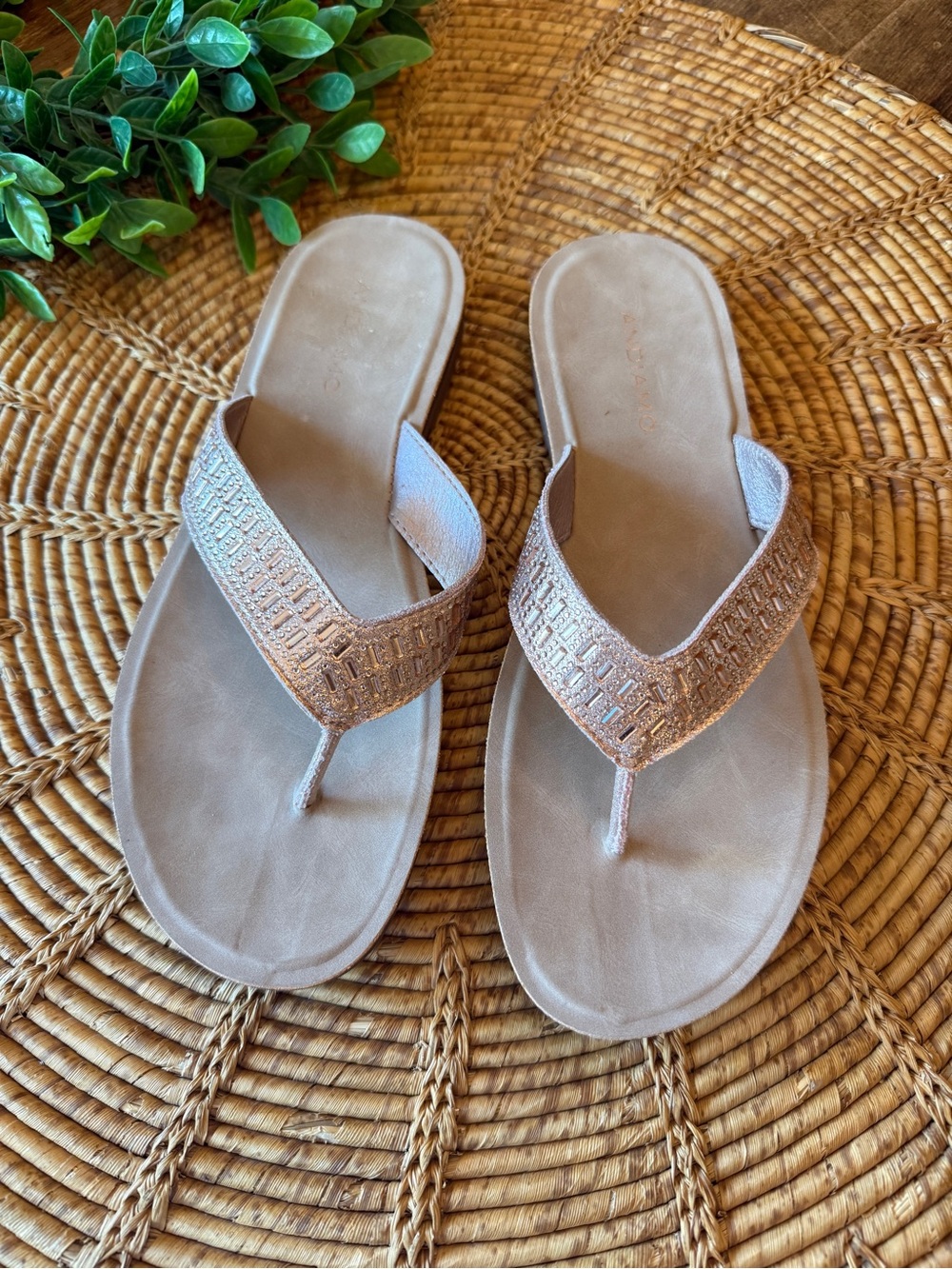 New Andiamo Womens Metallic Rose Gold Flip Flop Sandals